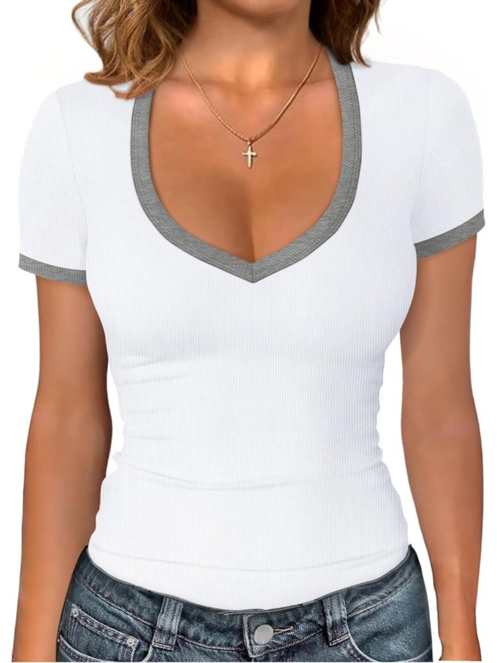 🆕Women's White Short Sleeve Shirts V Neck Summer Ribbed Slim Fit Spring